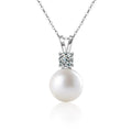 Round Moissanite and Pearl Drop Necklace in White Gold-Plated S925 sterling silver white background front product view showing a near-round pearl suspended beneath a round moissanite accent