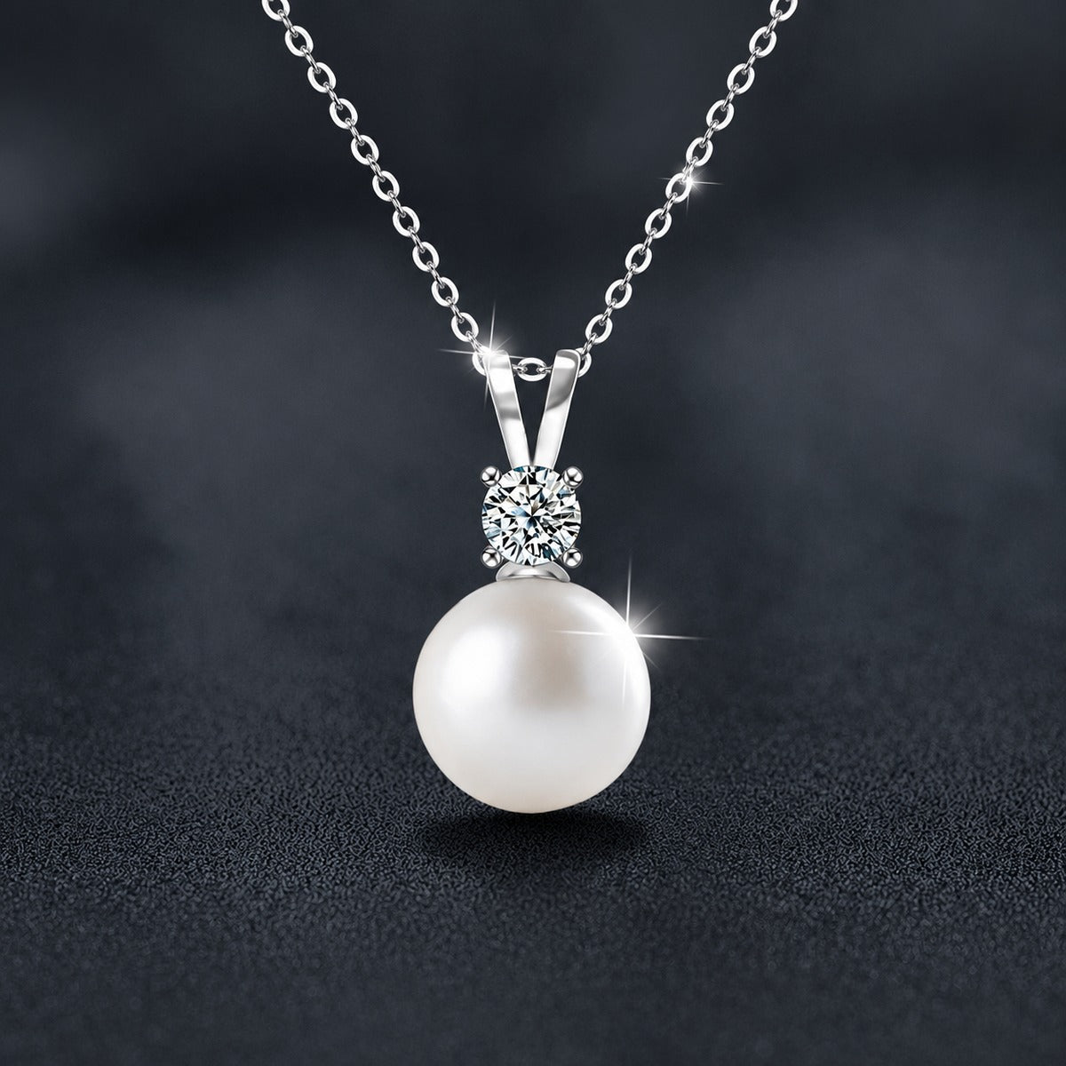 Round Moissanite and Pearl Drop Necklace in White Gold-Plated S925 sterling silver close-up styled product scene showing pendant setting