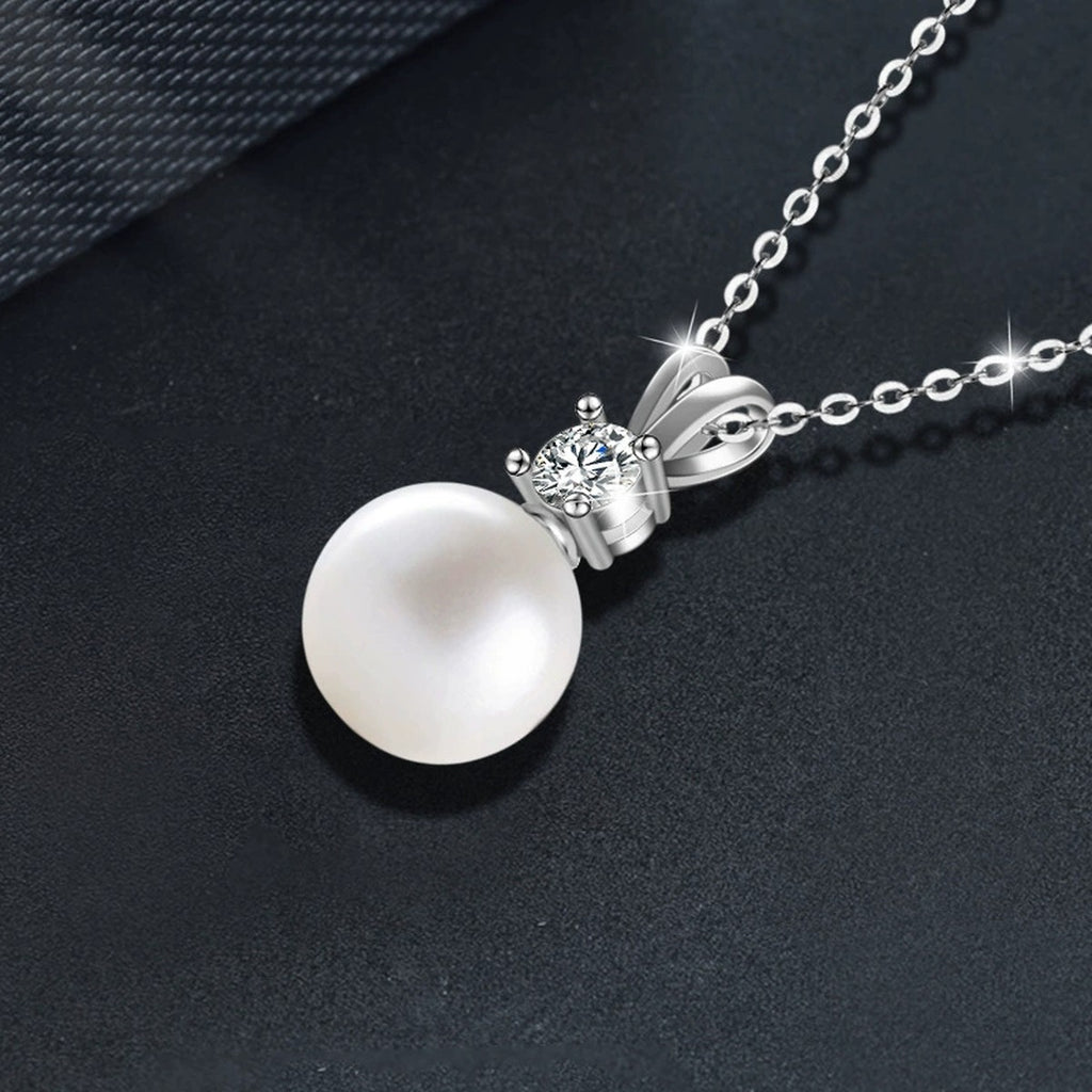 Round Moissanite and Pearl Drop Necklace in White Gold-Plated S925 sterling silver display scene showing chain and stone layout