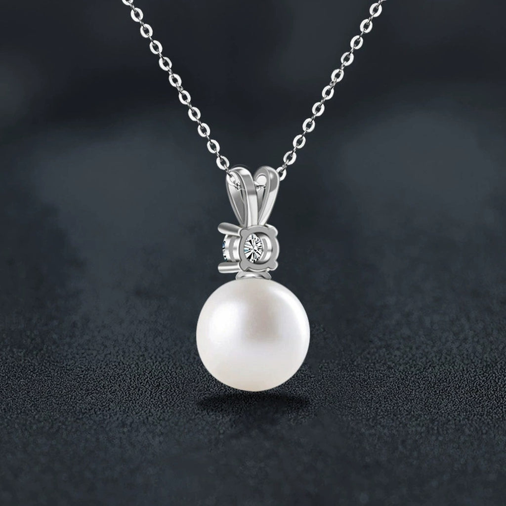 Round Moissanite and Pearl Drop Necklace in White Gold-Plated S925 sterling silver angled product detail view