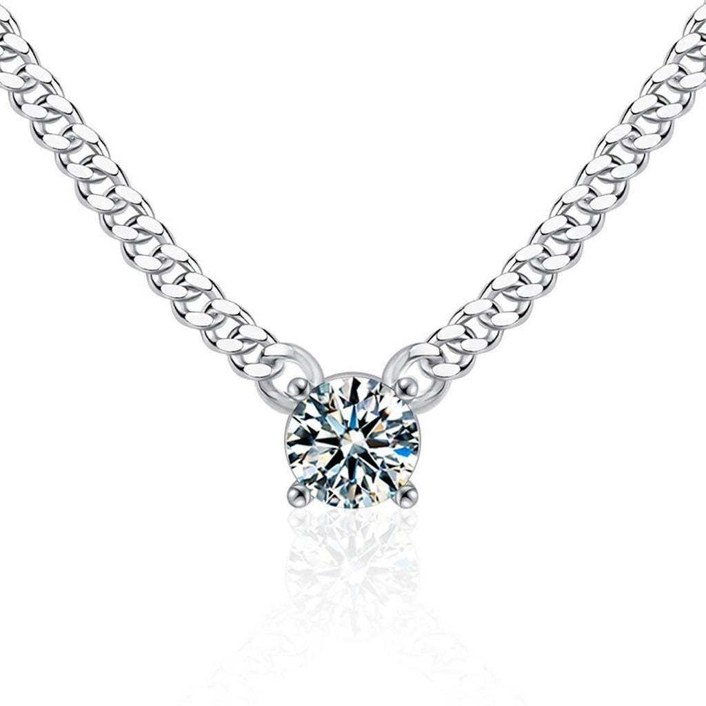 Cuban Chain Solitaire Round Moissanite Necklace in White Gold-Plated S925 sterling silver white background product photo showing cuban chain necklace with a solitaire round moissanite pendant