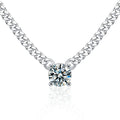 Cuban Chain Solitaire Round Moissanite Necklace in White Gold-Plated S925 sterling silver white background product photo showing cuban chain necklace with a solitaire round moissanite pendant