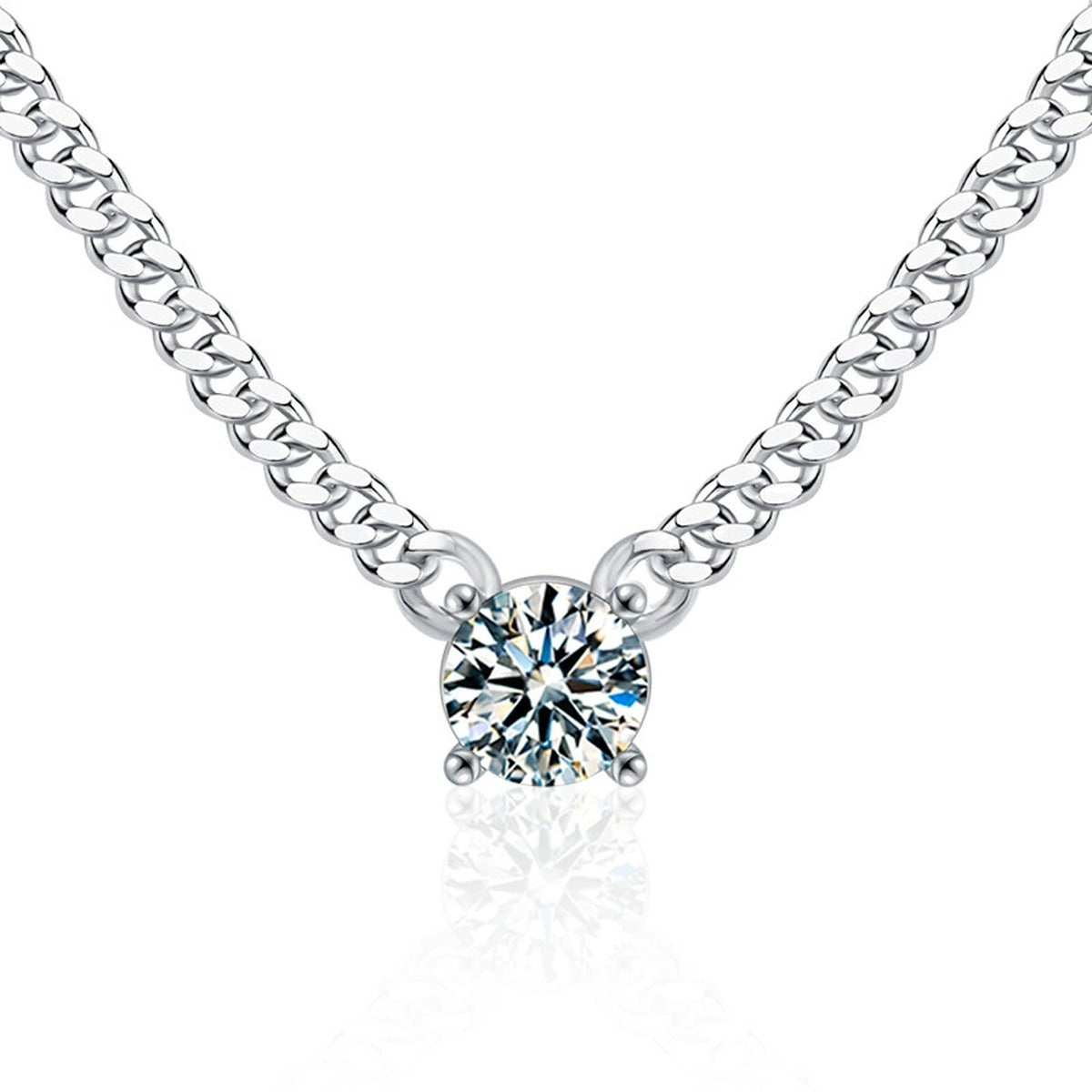 Cuban Chain Solitaire Round Moissanite Necklace in White Gold-Plated S925 sterling silver white background product photo showing cuban chain necklace with a solitaire round moissanite pendant