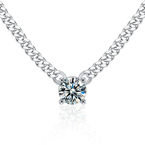 Cuban Chain Solitaire Round Moissanite Necklace in White Gold-Plated S925 sterling silver white background product photo showing cuban chain necklace with a solitaire round moissanite pendant