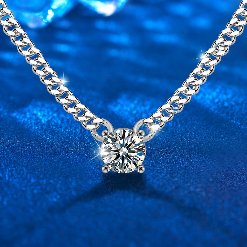 Cuban Chain Solitaire Round Moissanite Necklace in White Gold-Plated S925 sterling silver close-up product scene showing pendant setting