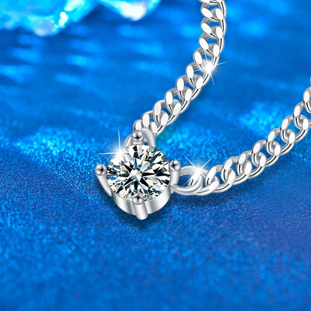 Cuban Chain Solitaire Round Moissanite Necklace in White Gold-Plated S925 sterling silver angled product detail view