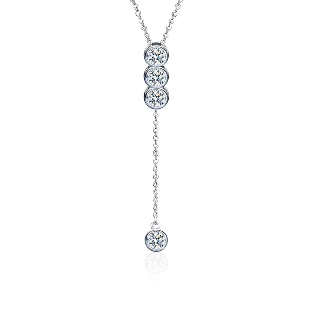Tassel Bead Round Moissanite Necklace in White Gold-Plated S925 sterling silver white background product photo showing tassel bead pendant with a vertical row of round moissanite stones and a dangling drop