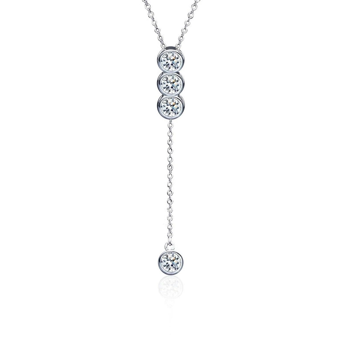 Tassel Bead Round Moissanite Necklace in White Gold-Plated S925 sterling silver white background product photo showing tassel bead pendant with a vertical row of round moissanite stones and a dangling drop