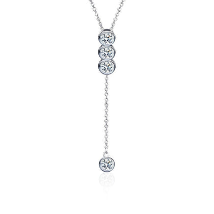 Tassel Bead Round Moissanite Necklace in White Gold-Plated S925 sterling silver white background product photo showing tassel bead pendant with a vertical row of round moissanite stones and a dangling drop