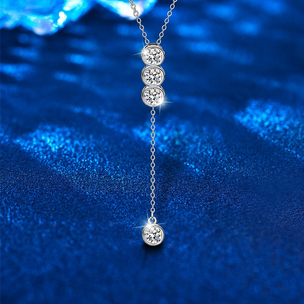 Tassel Bead Round Moissanite Necklace in White Gold-Plated S925 sterling silver close-up product scene showing pendant setting