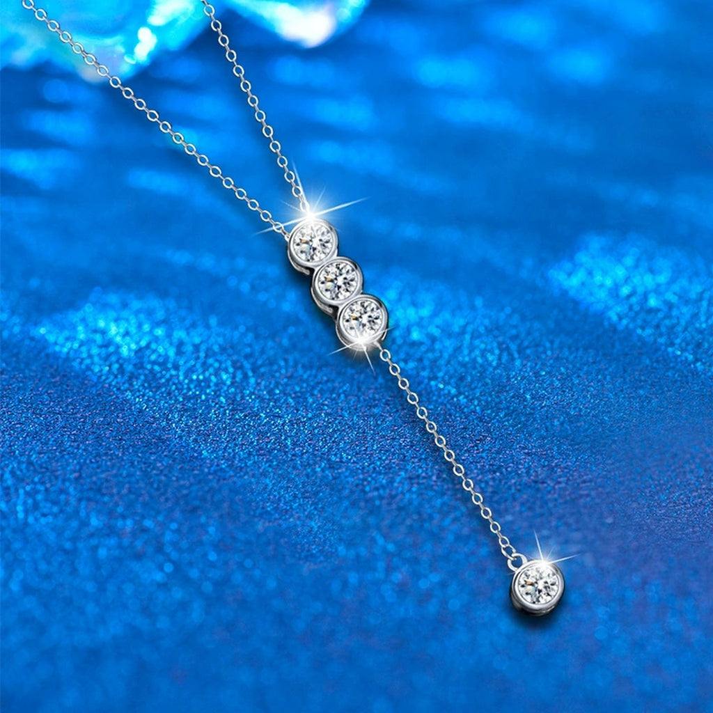 Tassel Bead Round Moissanite Necklace in White Gold-Plated S925 sterling silver blue display scene showing chain and stone layout