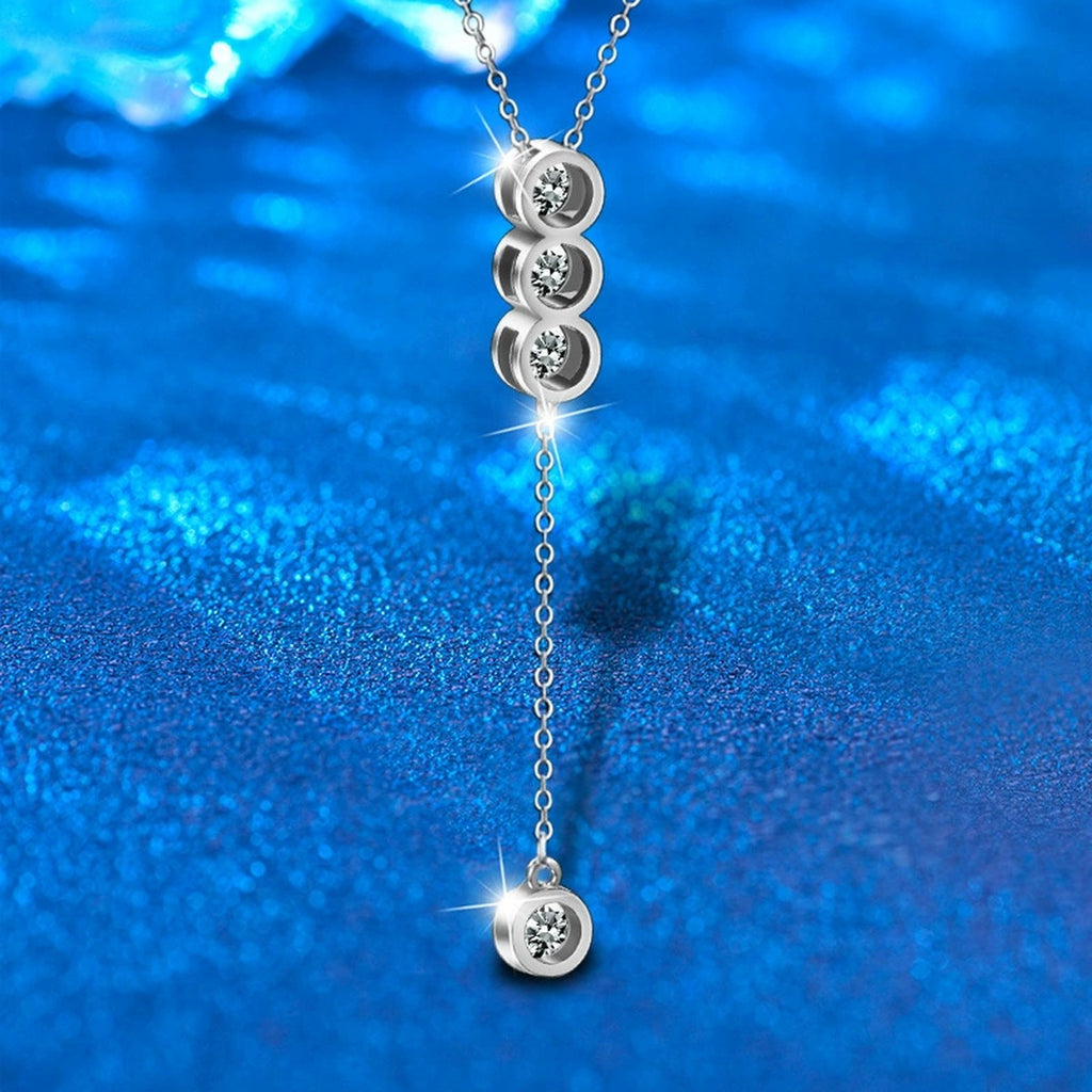 Tassel Bead Round Moissanite Necklace in White Gold-Plated S925 sterling silver angled product detail view