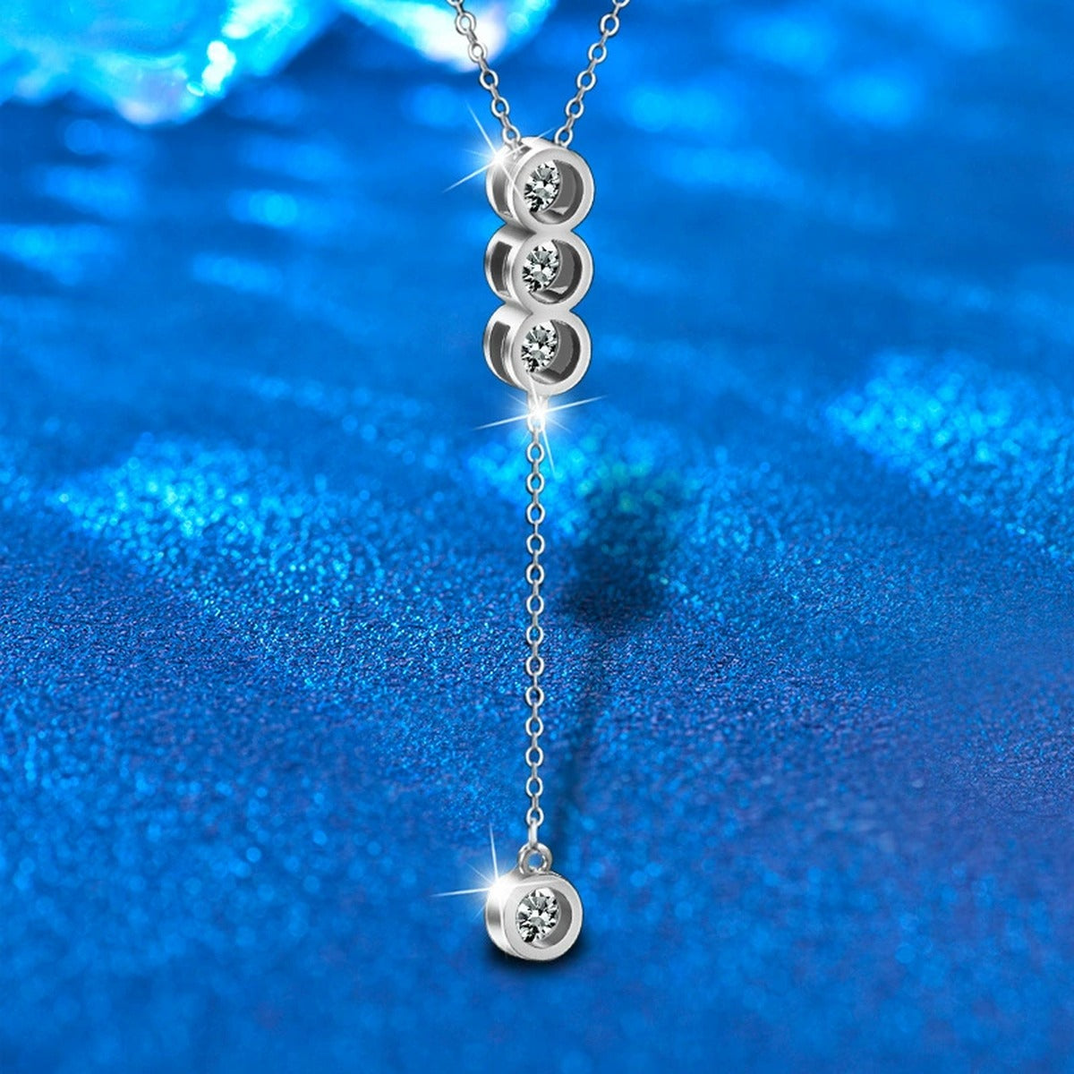 Tassel Bead Round Moissanite Necklace in White Gold-Plated S925 sterling silver angled product detail view