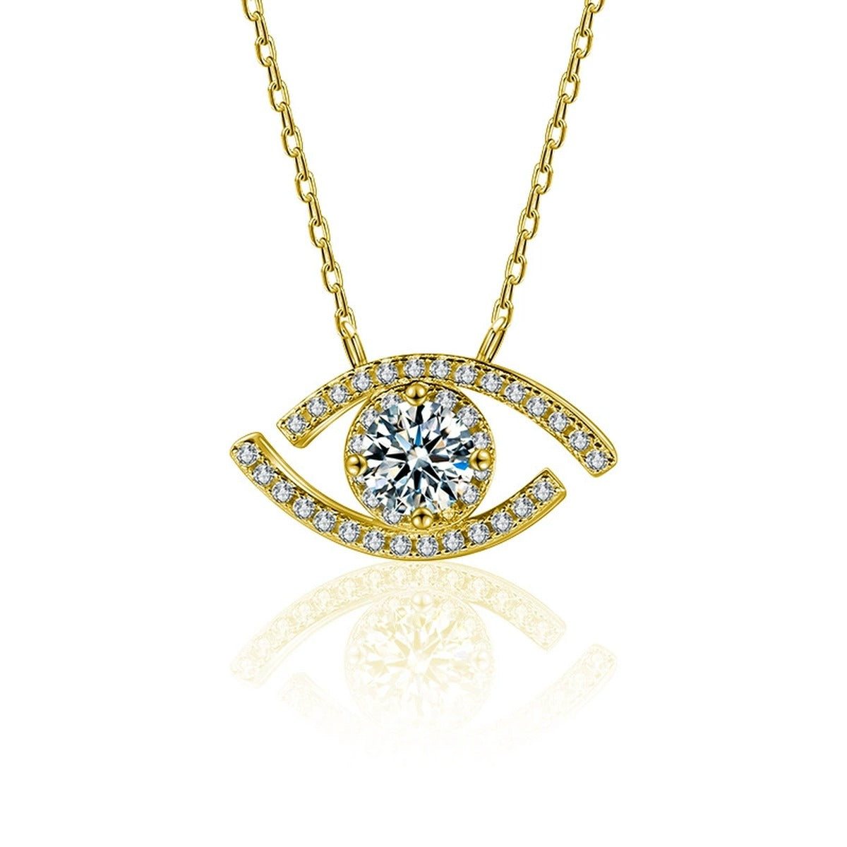 Eye Round Moissanite Necklace with CZ in Gold-Plated S925 sterling silver white background product photo showing eye-shaped pendant with a round moissanite center and CZ accents in white gold or yellow gold plating