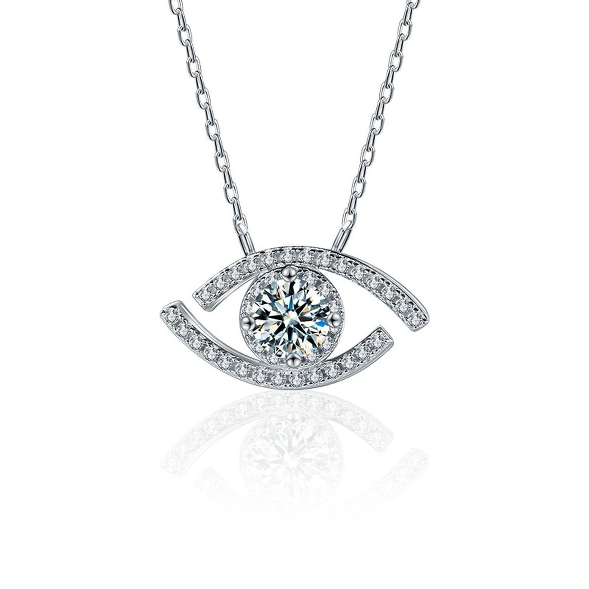 Eye Round Moissanite Necklace with CZ in Gold-Plated S925 sterling silver white background product photo showing eye-shaped pendant with a round moissanite center and CZ accents in white gold or yellow gold plating