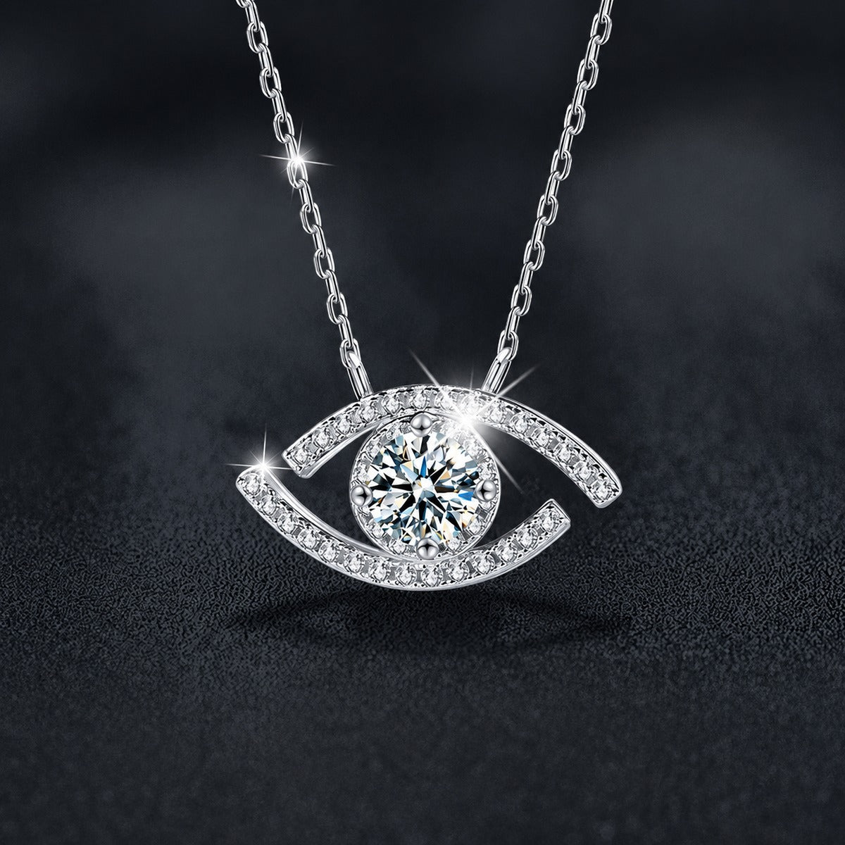 Eye Round Moissanite Necklace with CZ in Gold-Plated S925 sterling silver close-up product scene showing pendant setting