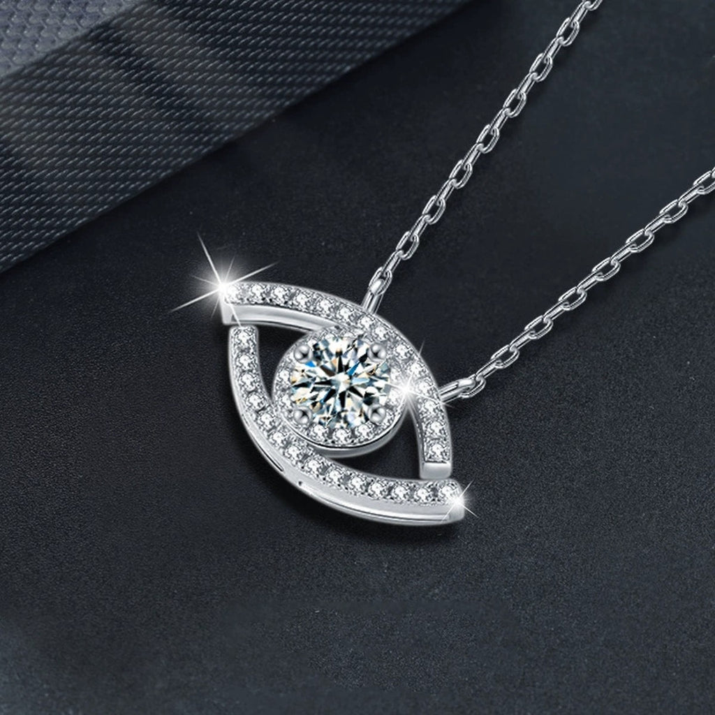 Eye Round Moissanite Necklace with CZ in Gold-Plated S925 sterling silver blue display scene showing chain and stone layout
