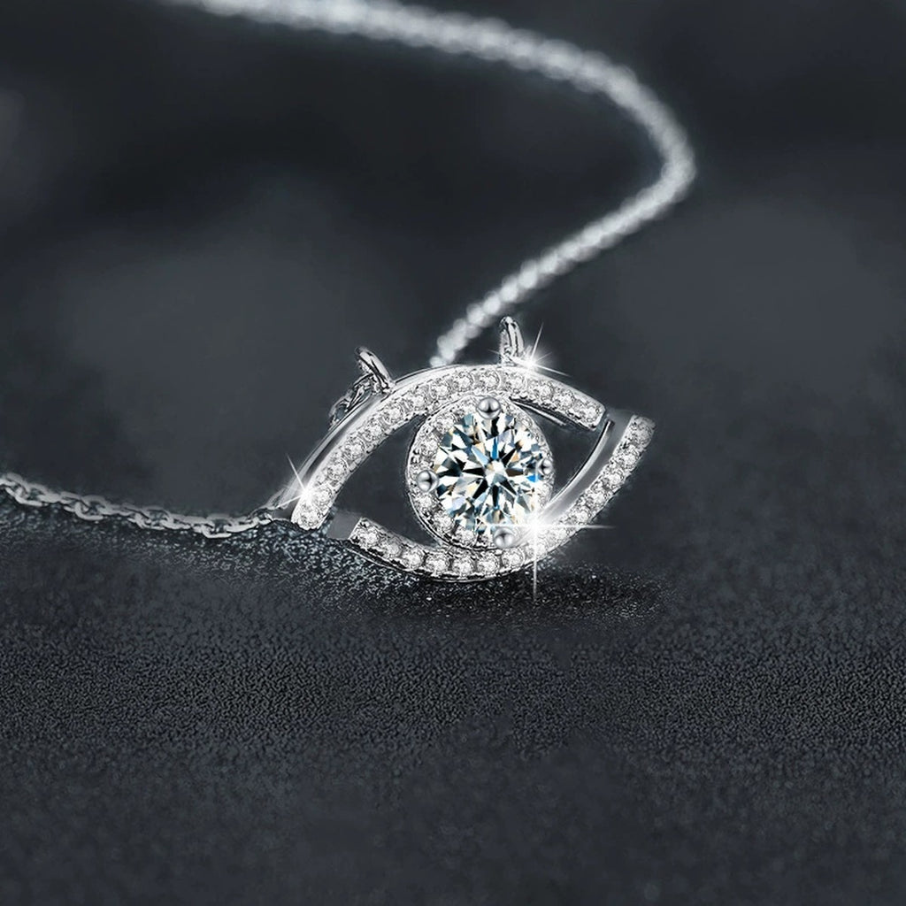 Eye Round Moissanite Necklace with CZ in Gold-Plated S925 sterling silver angled product detail view