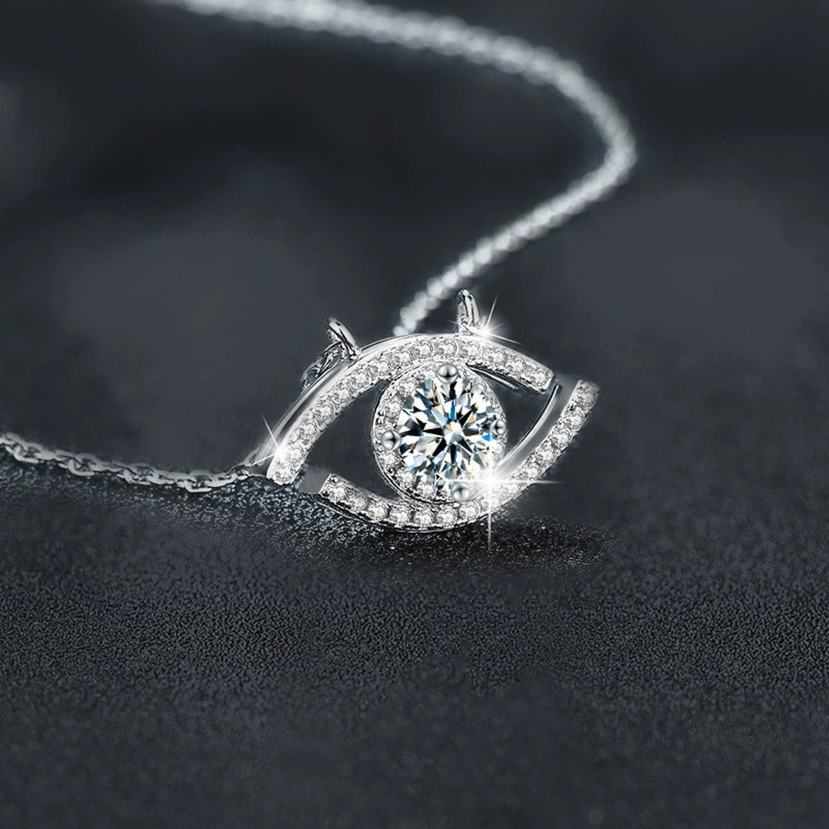 Eye Round Moissanite Necklace with CZ in Gold-Plated S925 sterling silver angled product detail view