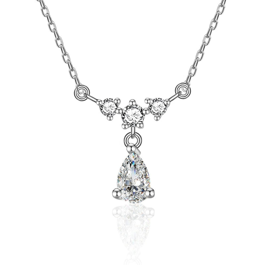 Pear Cut Teardrop Moissanite Necklace with CZ in White Gold-Plated S925 sterling silver white background front product view showing pear-cut moissanite drop suspended from a graduated CZ necklace motif