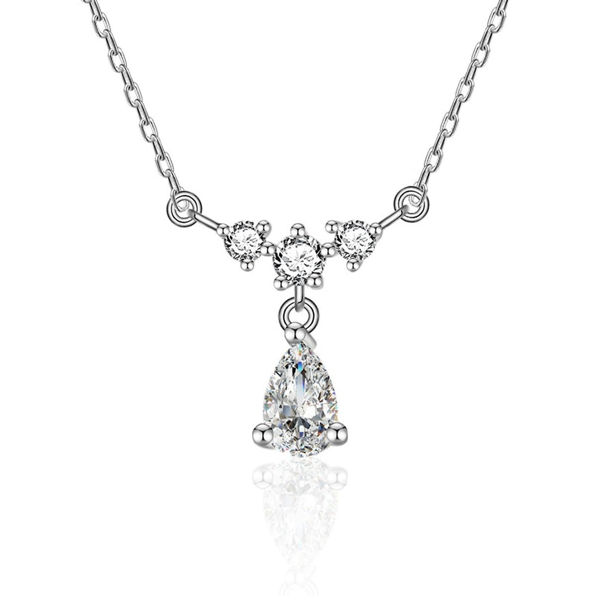 Pear Cut Teardrop Moissanite Necklace with CZ in White Gold-Plated S925 sterling silver white background front product view showing pear-cut moissanite drop suspended from a graduated CZ necklace motif