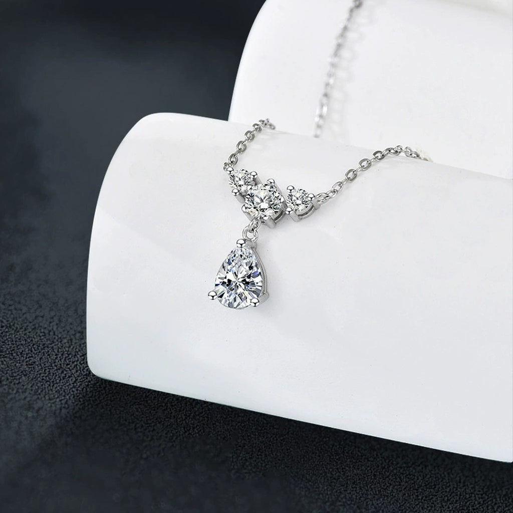 Pear Cut Teardrop Moissanite Necklace with CZ in White Gold-Plated S925 sterling silver display scene showing chain and stone layout