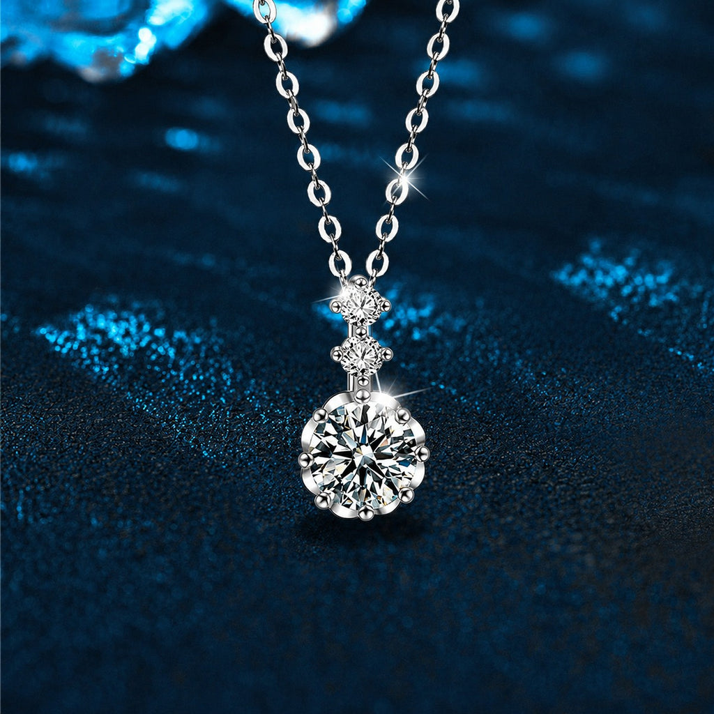 Snowflake Round Moissanite Necklace with CZ in White Gold-Plated S925 sterling silver close-up product scene showing pendant setting