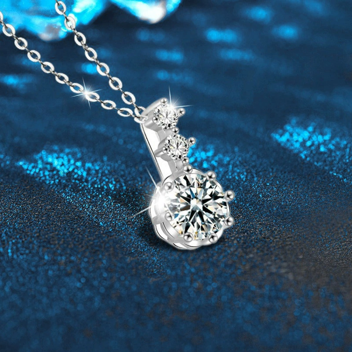 Snowflake Round Moissanite Necklace with CZ in White Gold-Plated S925 sterling silver blue display scene showing chain and stone layout