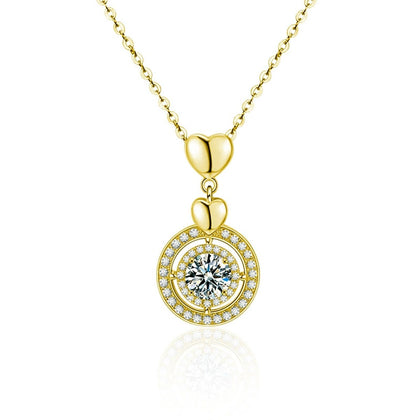 Heart Circle Round Moissanite Necklace with CZ in Gold-Plated S925 sterling silver white background product photo showing heart and circle pendant with a 1 ct round moissanite and CZ accents