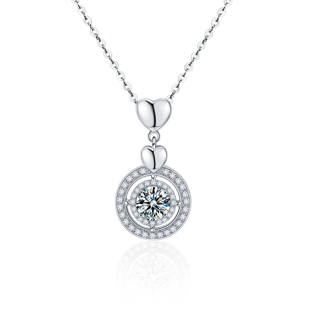 Heart Circle Round Moissanite Necklace with CZ in Gold-Plated S925 sterling silver white background product photo showing heart and circle pendant with a 1 ct round moissanite and CZ accents
