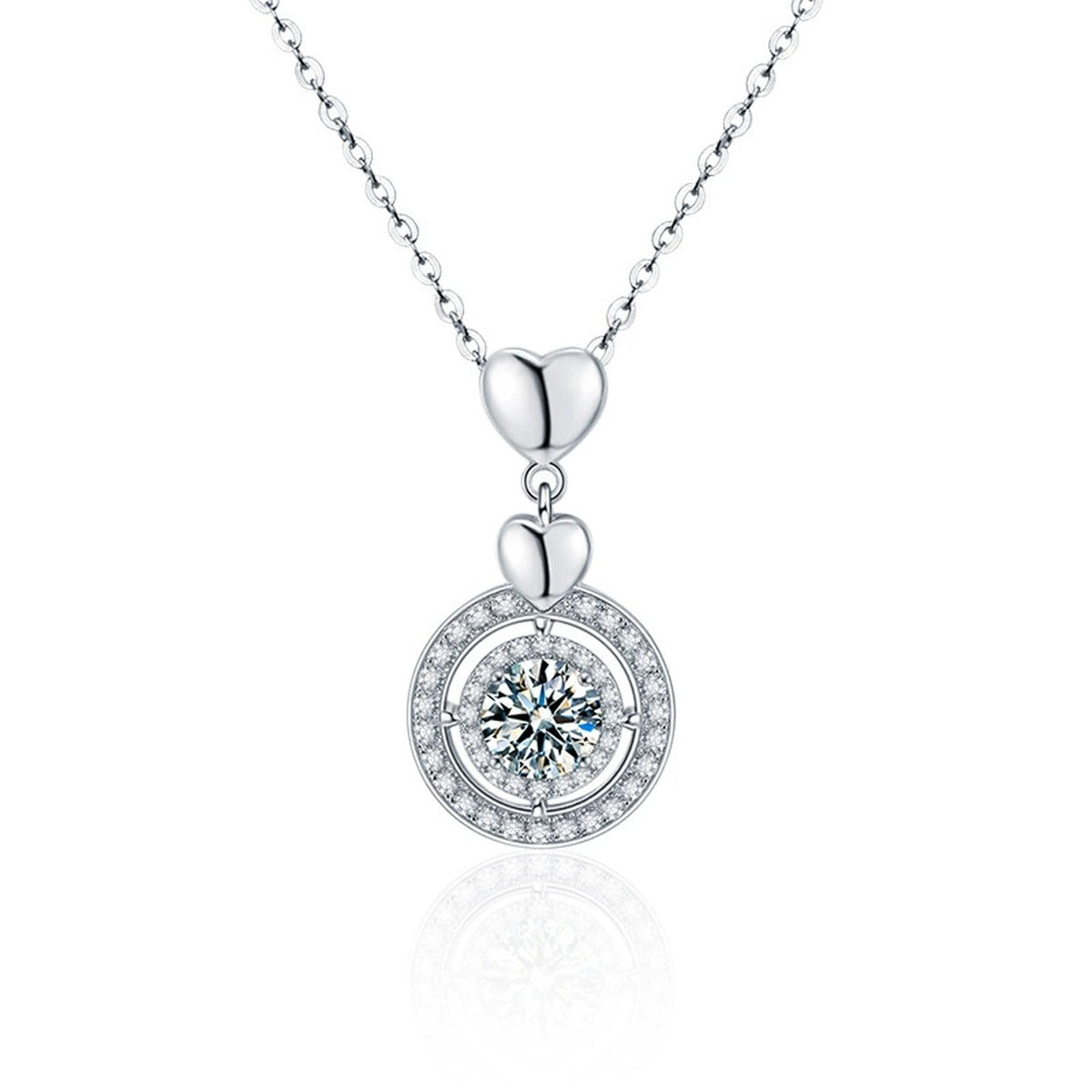 Heart Circle Round Moissanite Necklace with CZ in Gold-Plated S925 sterling silver white background product photo showing heart and circle pendant with a 1 ct round moissanite and CZ accents