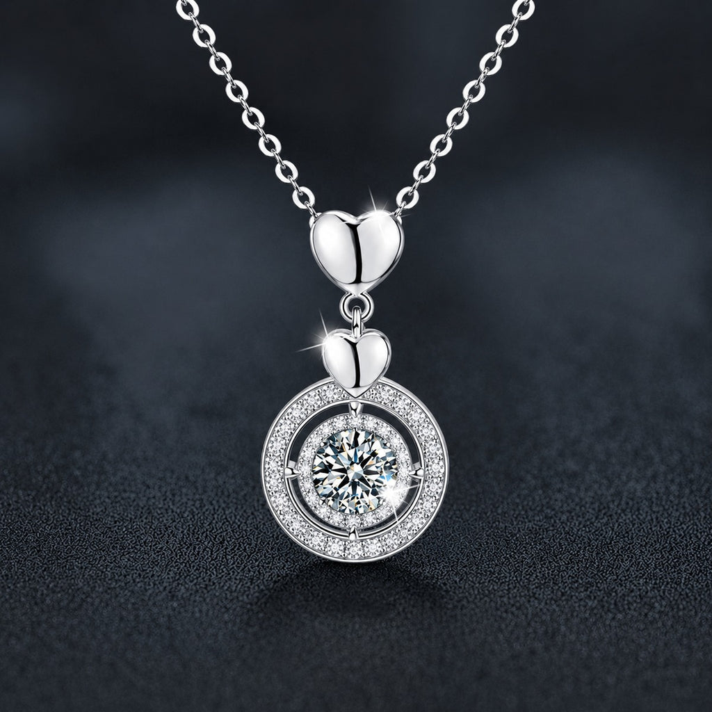 Heart Circle Round Moissanite Necklace with CZ in Gold-Plated S925 sterling silver close-up product scene showing pendant setting