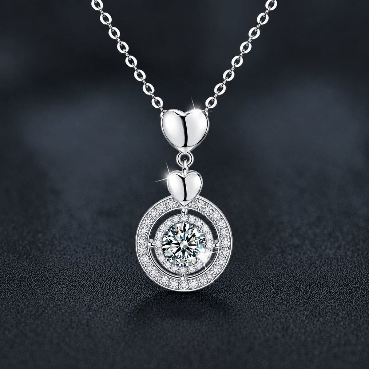 Heart Circle Round Moissanite Necklace with CZ in Gold-Plated S925 sterling silver close-up product scene showing pendant setting