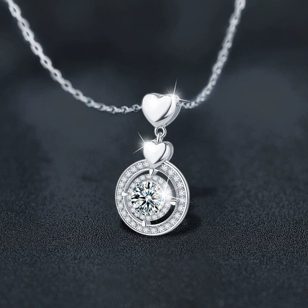 Heart Circle Round Moissanite Necklace with CZ in Gold-Plated S925 sterling silver blue display scene showing chain and stone layout