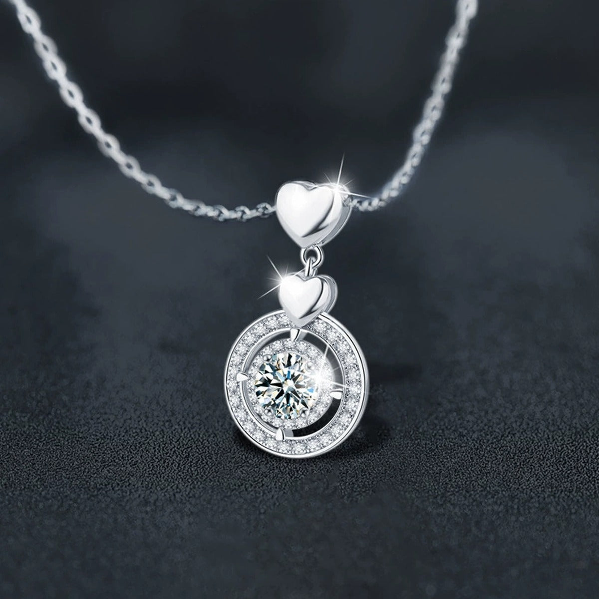 Heart Circle Round Moissanite Necklace with CZ in Gold-Plated S925 sterling silver blue display scene showing chain and stone layout