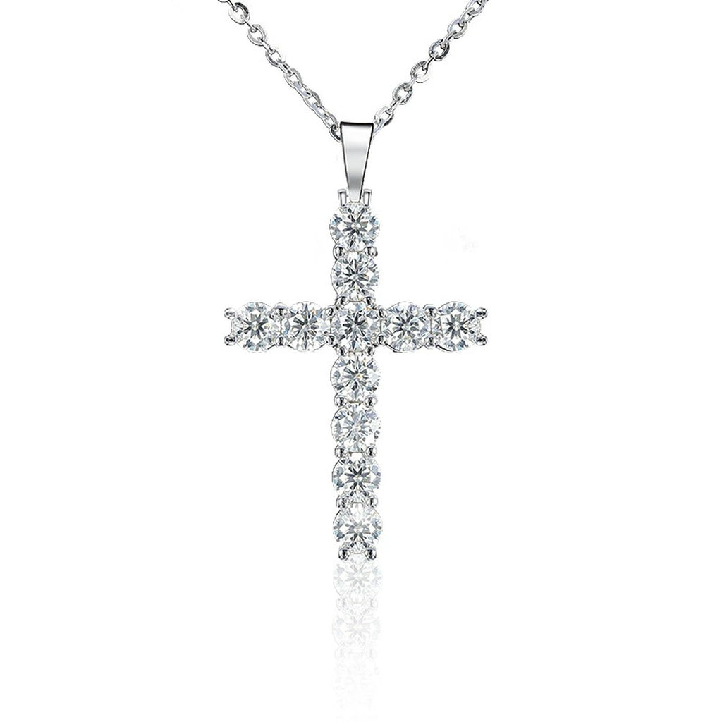 Cross Round Moissanite Necklace in White Gold-Plated S925 sterling silver white background front product view showing an elongated cross formed from graduated round moissanite stones