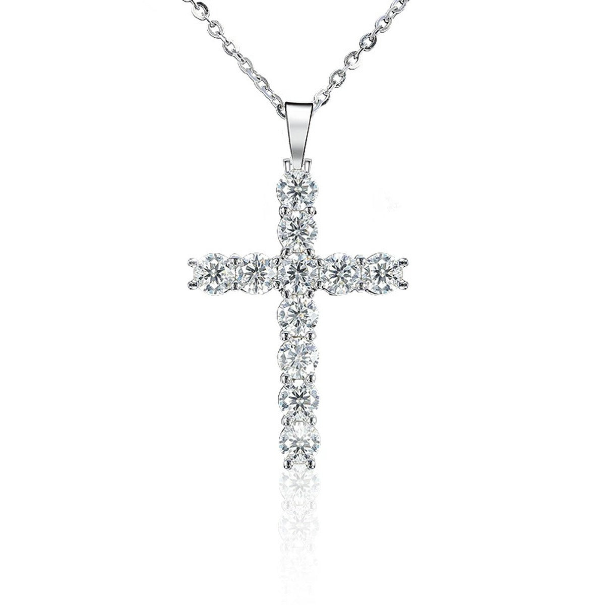 Cross Round Moissanite Necklace in White Gold-Plated S925 sterling silver white background front product view showing an elongated cross formed from graduated round moissanite stones