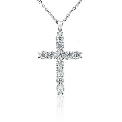 Cross Round Moissanite Necklace in White Gold-Plated S925 sterling silver white background front product view showing an elongated cross formed from graduated round moissanite stones