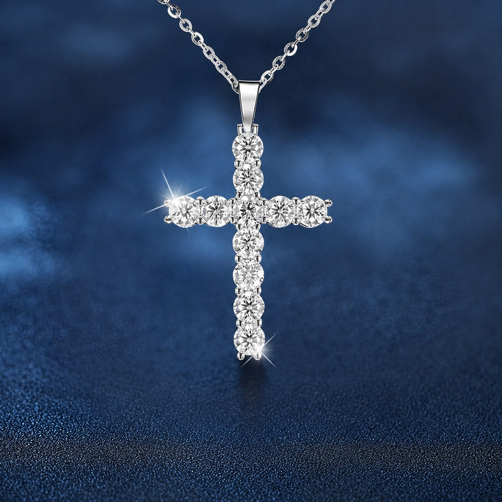Cross Round Moissanite Necklace in White Gold-Plated S925 sterling silver close-up styled product scene showing pendant setting