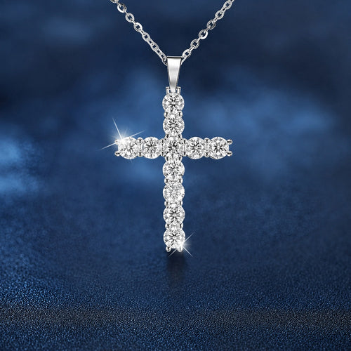 Cross Round Moissanite Necklace in White Gold-Plated S925 sterling silver close-up styled product scene showing pendant setting
