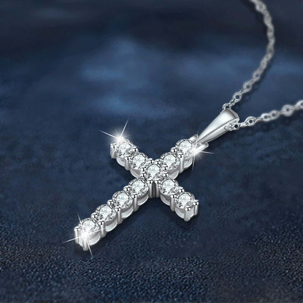 Cross Round Moissanite Necklace in White Gold-Plated S925 sterling silver display scene showing chain and stone layout