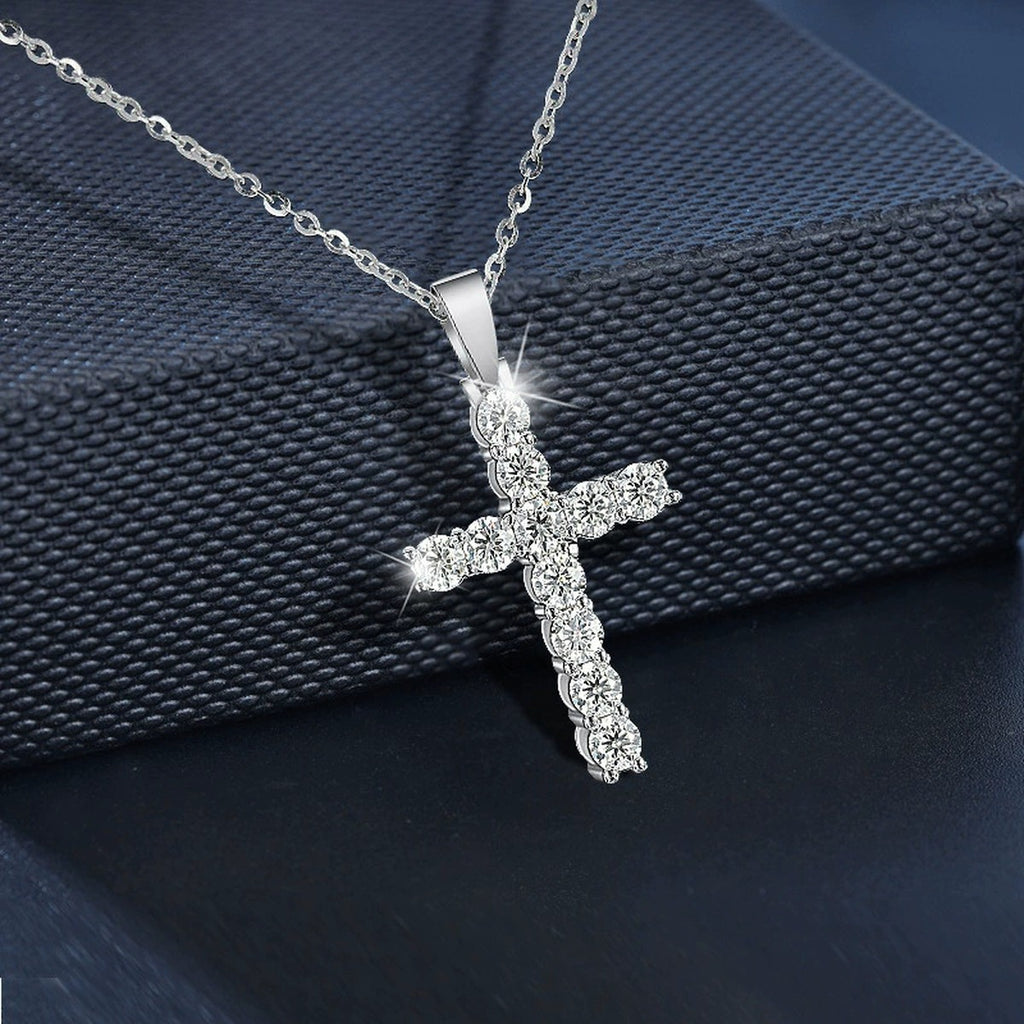 Cross Round Moissanite Necklace in White Gold-Plated S925 sterling silver angled product detail view