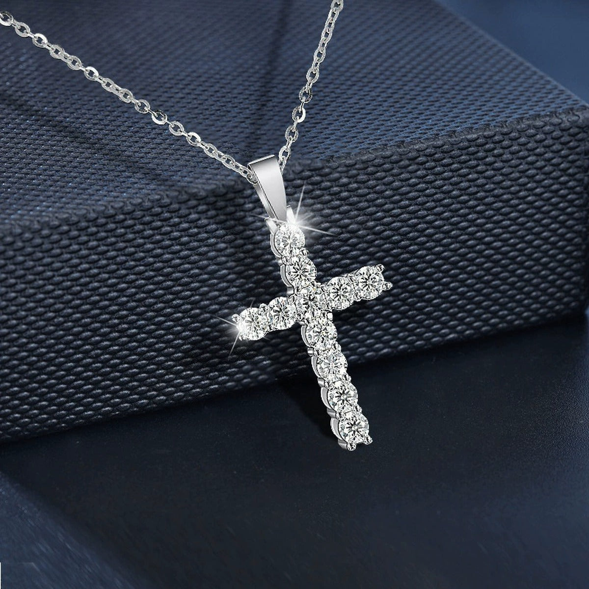 Cross Round Moissanite Necklace in White Gold-Plated S925 sterling silver angled product detail view