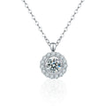 Floral Halo Round Moissanite Necklace with CZ in White Gold-Plated S925 sterling silver white background front product view showing floral halo pendant centered with a round moissanite and petal-like CZ frame