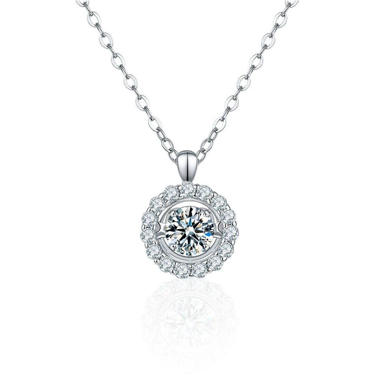 Floral Halo Round Moissanite Necklace with CZ in White Gold-Plated S925 sterling silver white background front product view showing floral halo pendant centered with a round moissanite and petal-like CZ frame