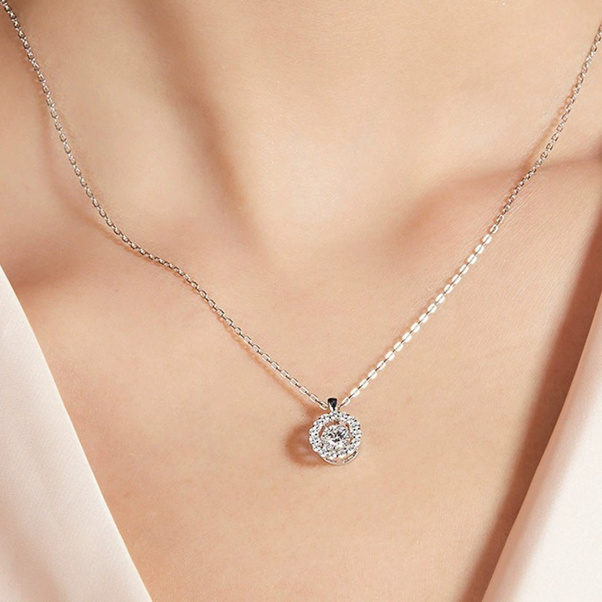 Floral Halo Round Moissanite Necklace with CZ in White Gold-Plated S925 sterling silver neckline model view showing pendant scale and chain length