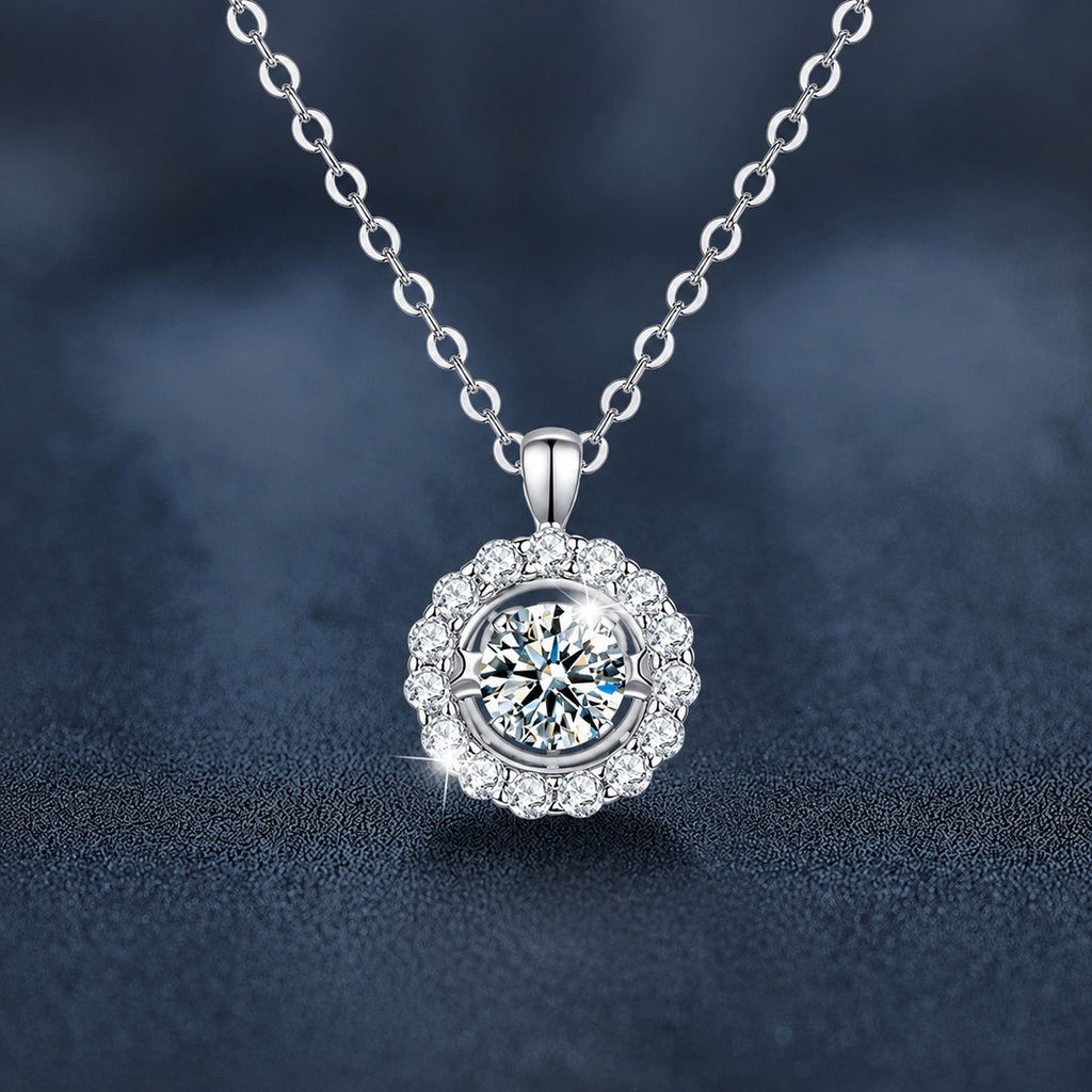Floral Halo Round Moissanite Necklace with CZ in White Gold-Plated S925 sterling silver close-up styled product scene showing pendant setting