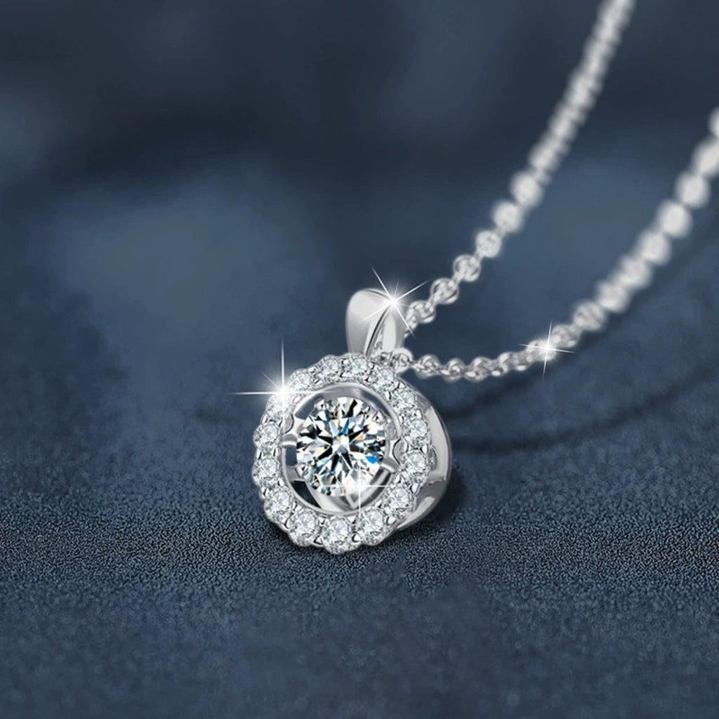Floral Halo Round Moissanite Necklace with CZ in White Gold-Plated S925 sterling silver display scene showing chain and stone layout