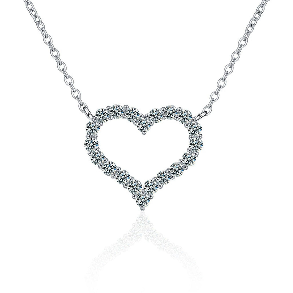 Open Heart Moissanite Necklace in White Gold-Plated S925 sterling silver white background product photo showing open heart pendant traced with small round moissanite stones