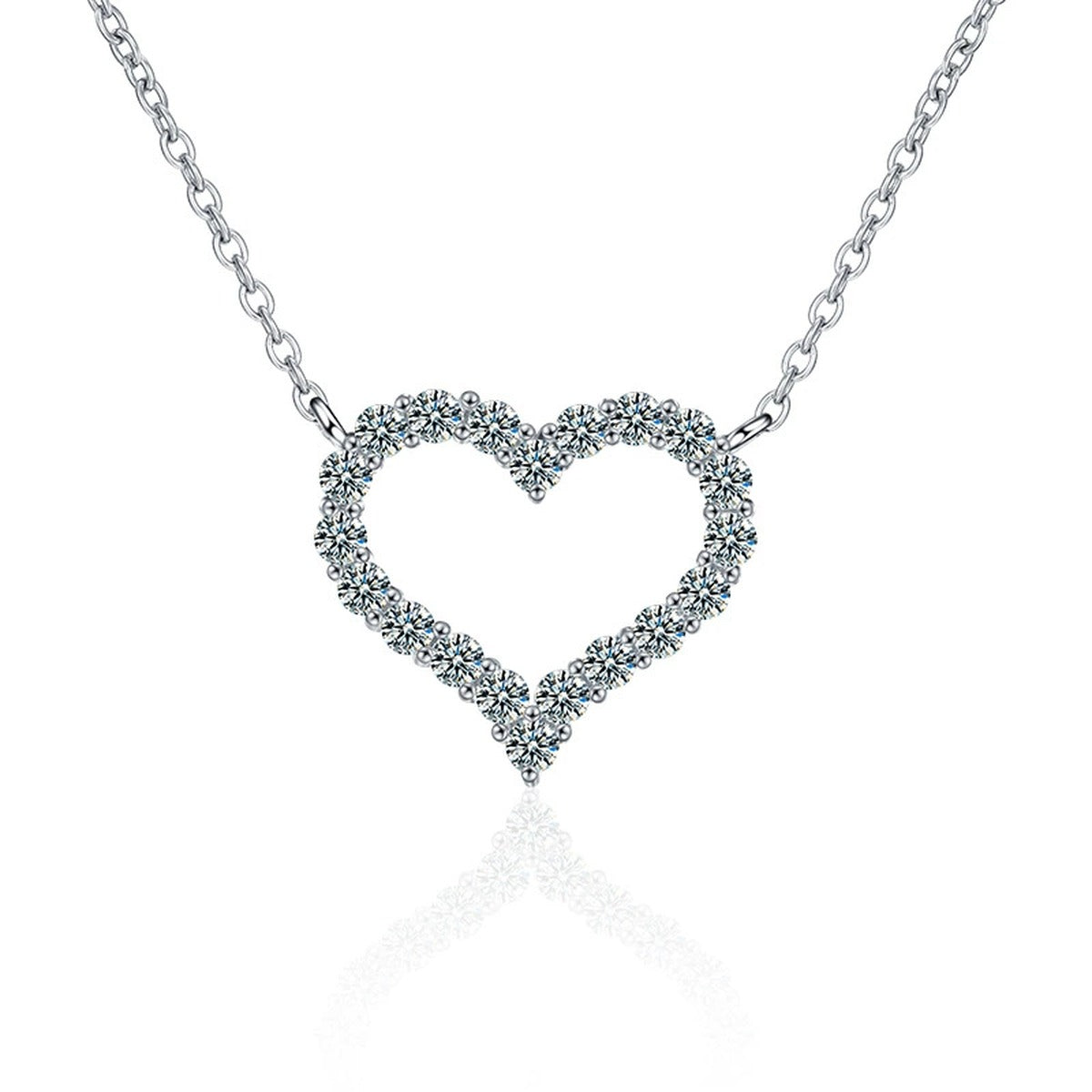 Open Heart Moissanite Necklace in White Gold-Plated S925 sterling silver white background product photo showing open heart pendant traced with small round moissanite stones